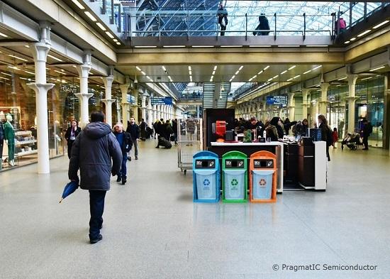 Recycling bins at train station