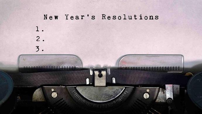 Typewriter showing 'New Year's Resolutions' as a list of numbers with no words