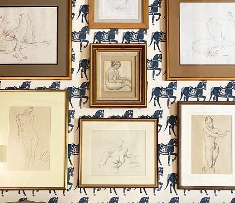 Cheffins Affordable Art Sale 2 – a selection of drawings, with estimates up to £100. Shot against Molly Mahon Marwari Horse wallpaper in Dark Blue
