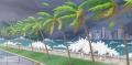 illustration of a hurricane hitting a shore and bending palm trees