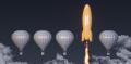 image of hot air balloons in a row and a single rocket taking off next to them