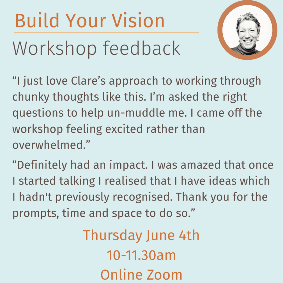 Words of feedback: “I just love Clare’s approach to working through chunky thoughts like this. I’m asked the right questions to help un-muddle me. I came off the workshop feeling excited rather than overwhelmed.”  “Definitely had an impact. I was amazed that once I started talking I realised that I have ideas which I hadn't previously recognised. Thank you for the prompts, time and space to do so.”